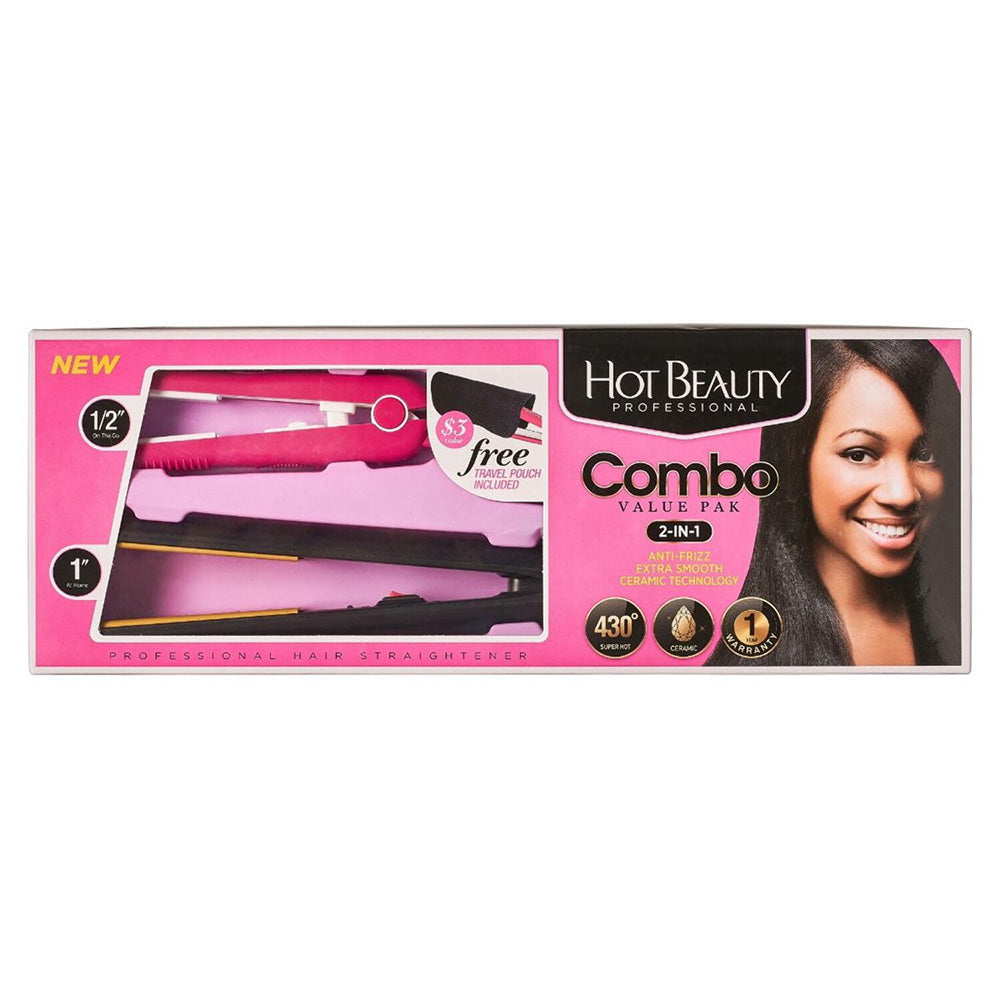 Hot Beauty Flat Irons Combo 2 in 1 Value Pack 0.5 Inch and 1 Inch Plates for Straightening and Smooth Hair 1Ea